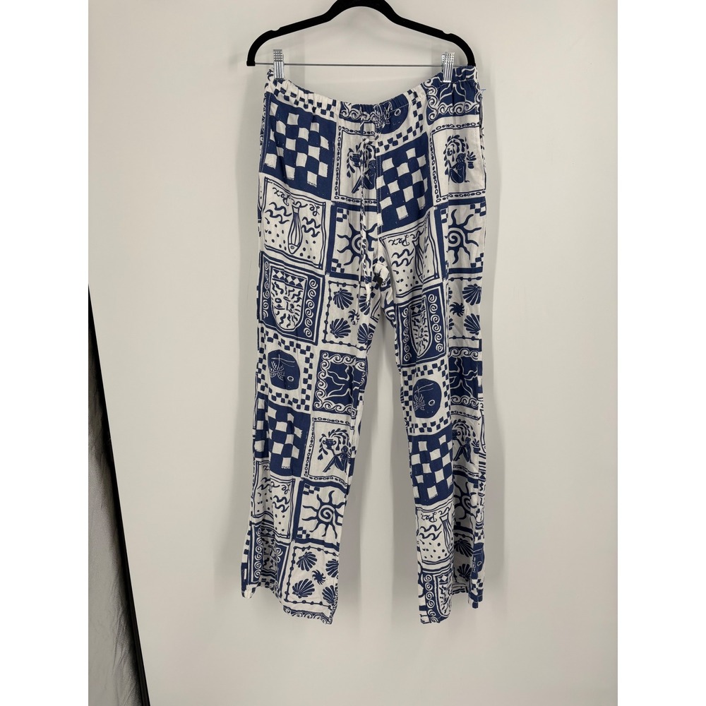 Cali 1850 Blue White Nautical Block Print Linen Blend Drawstring Pants Large